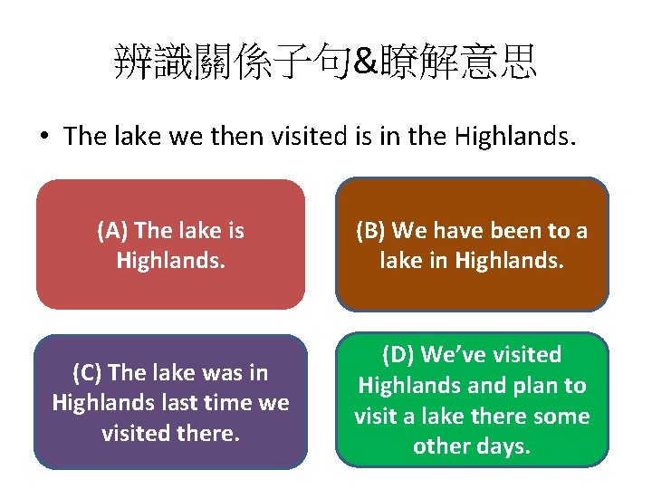 辨識關係子句&瞭解意思 • The lake we then visited is in the Highlands. (A) The lake