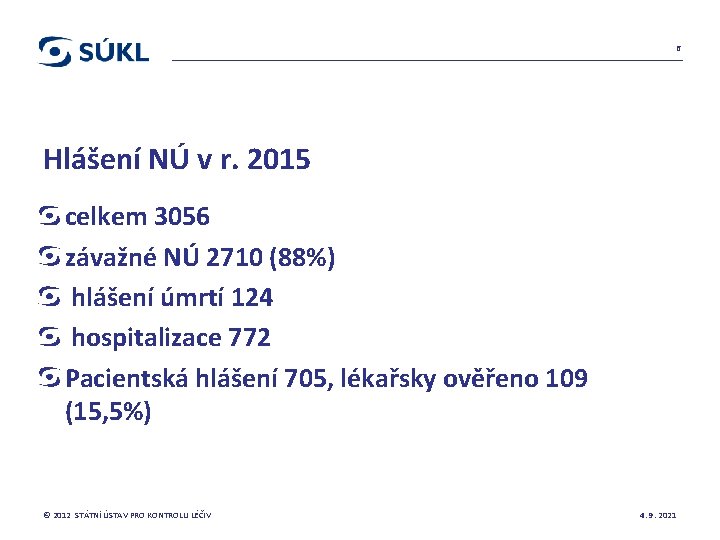 6 Hlášení NÚ v r. 2015 celkem 3056 závažné NÚ 2710 (88%) hlášení úmrtí