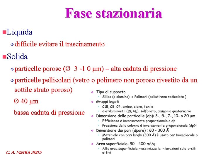 Fase stazionaria n. Liquida ´ difficile evitare il trascinamento n. Solida ´ ´ particelle