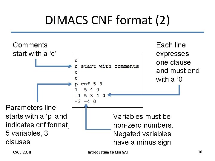 DIMACS CNF format (2) Comments start with a ‘c’ Parameters line starts with a