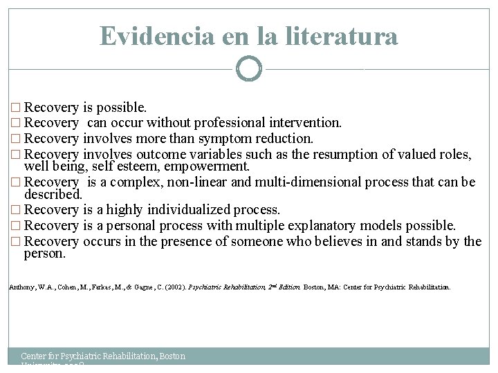 Evidencia en la literatura � Recovery is possible. � Recovery can occur without professional