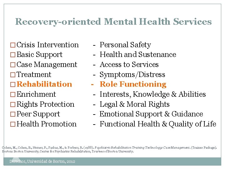 Recovery-oriented Mental Health Services � Crisis Intervention � Basic Support � Case Management �