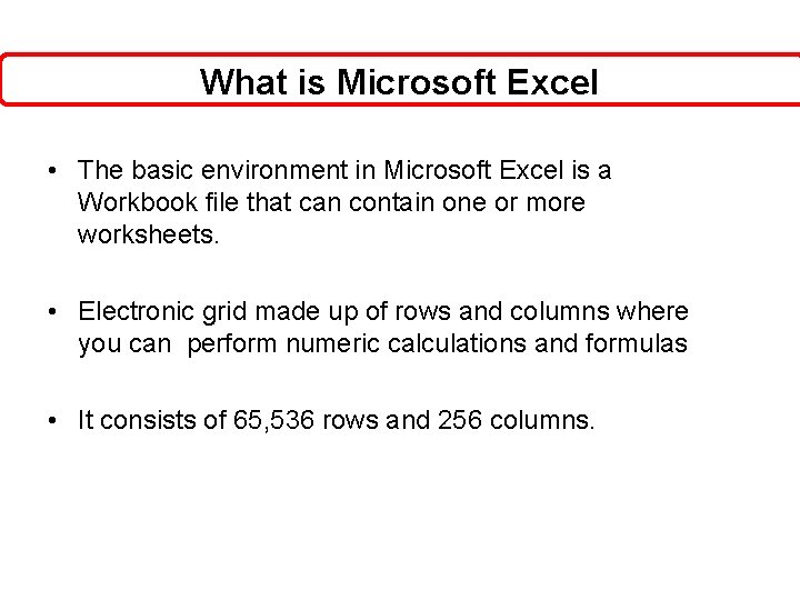 What is Microsoft Excel • The basic environment in Microsoft Excel is a Workbook