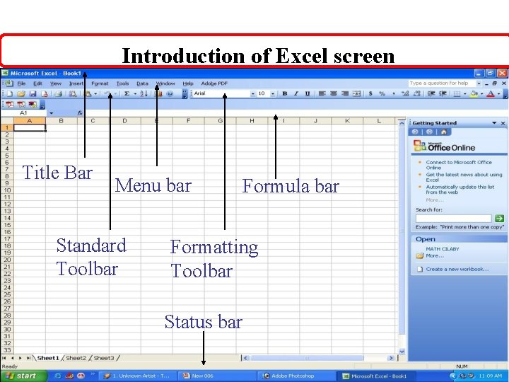 Introduction of Excel screen Title Bar Menu bar Standard Toolbar Formula bar Formatting Toolbar