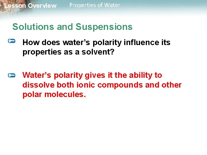 Lesson Overview Properties of Water Solutions and Suspensions How does water’s polarity influence its