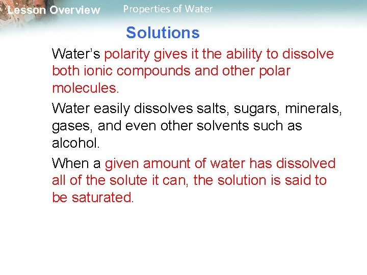 Lesson Overview Properties of Water Solutions Water’s polarity gives it the ability to dissolve