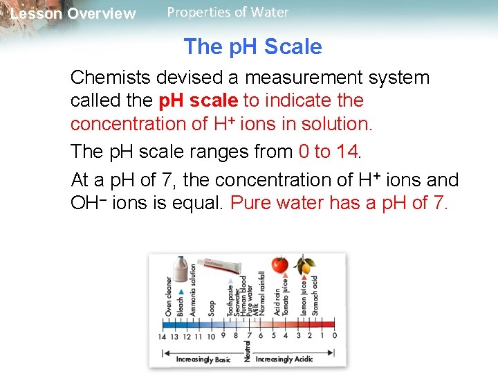 Lesson Overview Properties of Water The p. H Scale Chemists devised a measurement system