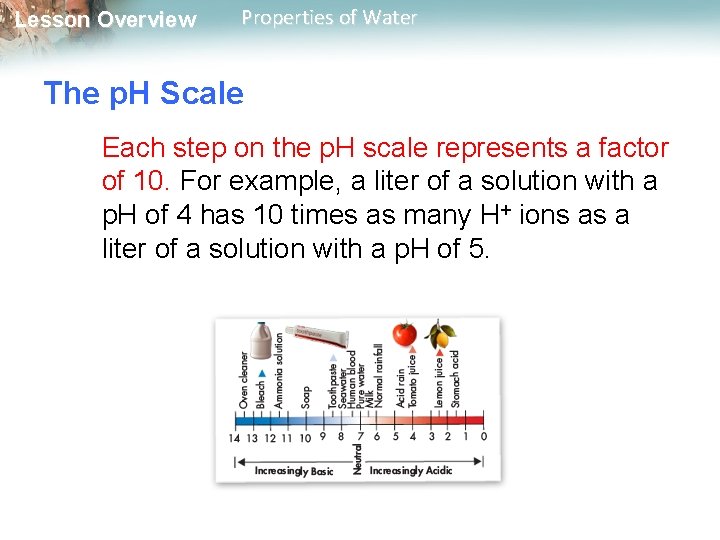 Lesson Overview Properties of Water The p. H Scale Each step on the p.