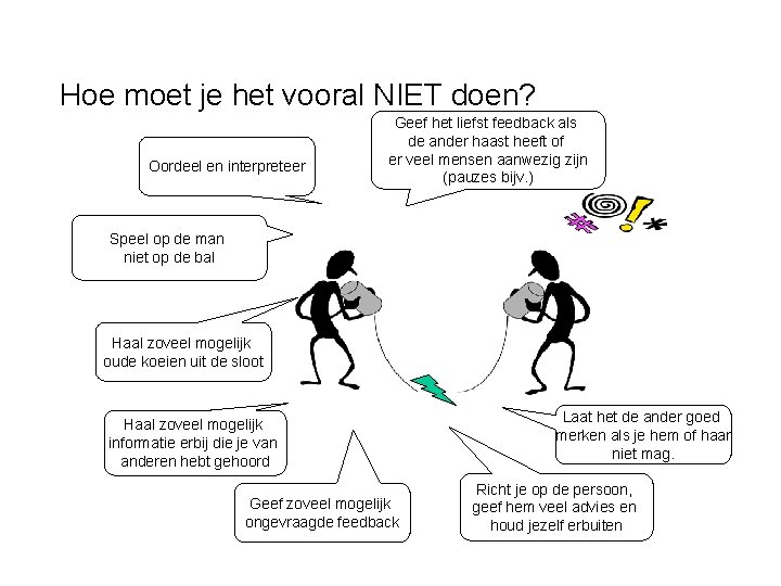 Hoe moet je het vooral NIET doen? Oordeel en interpreteer Geef het liefst feedback