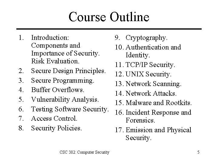 Course Outline 1. Introduction: Components and Importance of Security. Risk Evaluation. 2. Secure Design