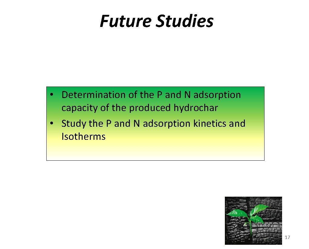 Future Studies • Determination of the P and N adsorption capacity of the produced