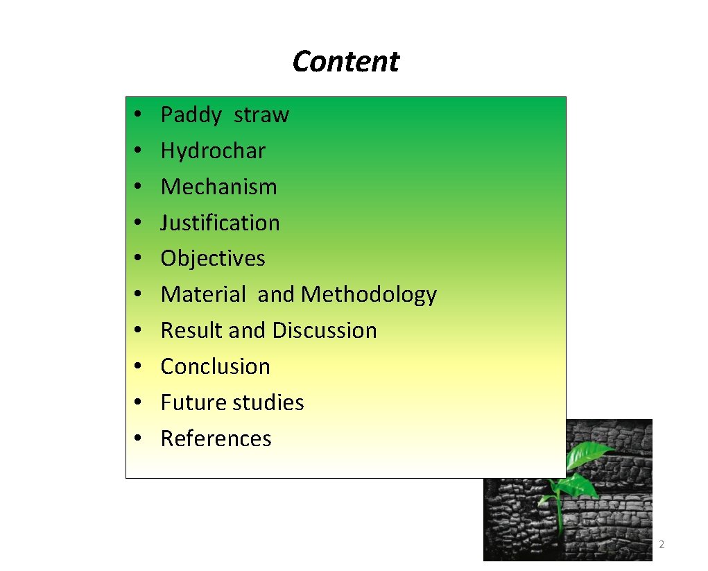 Content • • • Paddy straw Hydrochar Mechanism Justification Objectives Material and Methodology Result