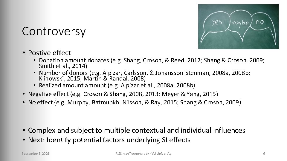 Controversy • Postive effect • Donation amount donates (e. g. Shang, Croson, & Reed,