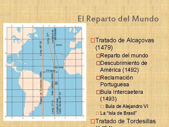 El Reparto del Mundo �Tratado de Alcaçovas (1479) �Reparto del mundo �Descubrimiento de América