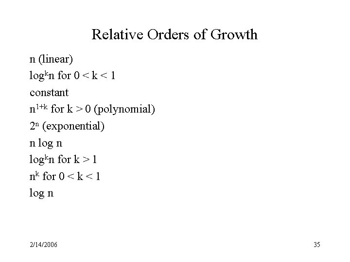 Relative Orders of Growth n (linear) logkn for 0 < k < 1 constant