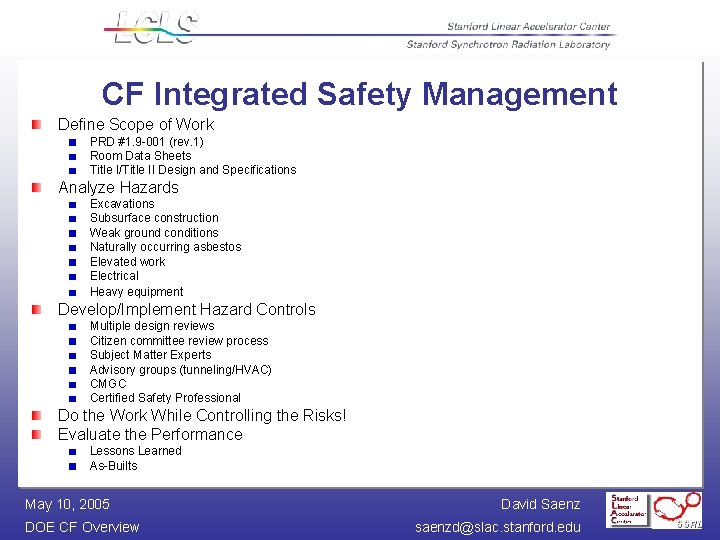 CF Integrated Safety Management Define Scope of Work PRD #1. 9 -001 (rev. 1)