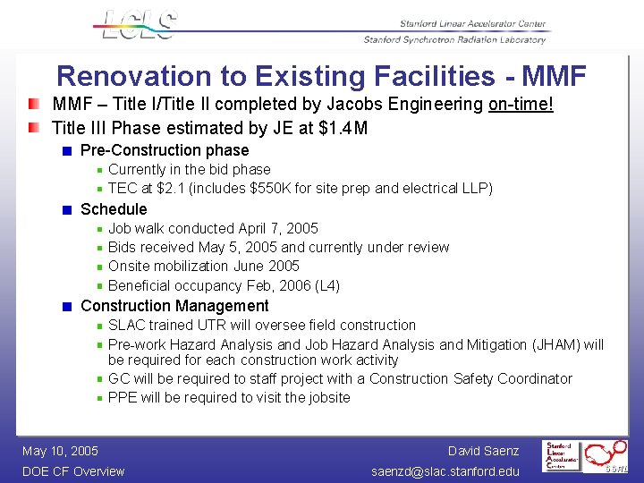 Renovation to Existing Facilities - MMF – Title I/Title II completed by Jacobs Engineering