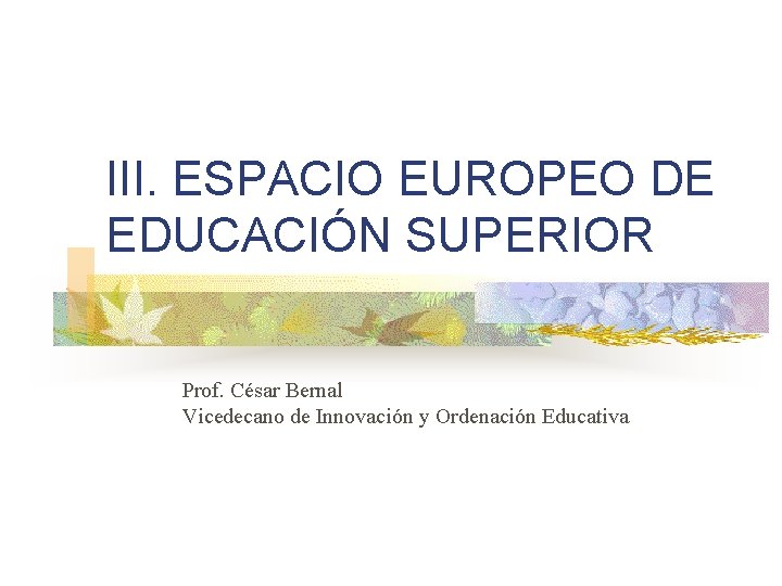 III. ESPACIO EUROPEO DE EDUCACIÓN SUPERIOR Prof. César Bernal Vicedecano de Innovación y Ordenación