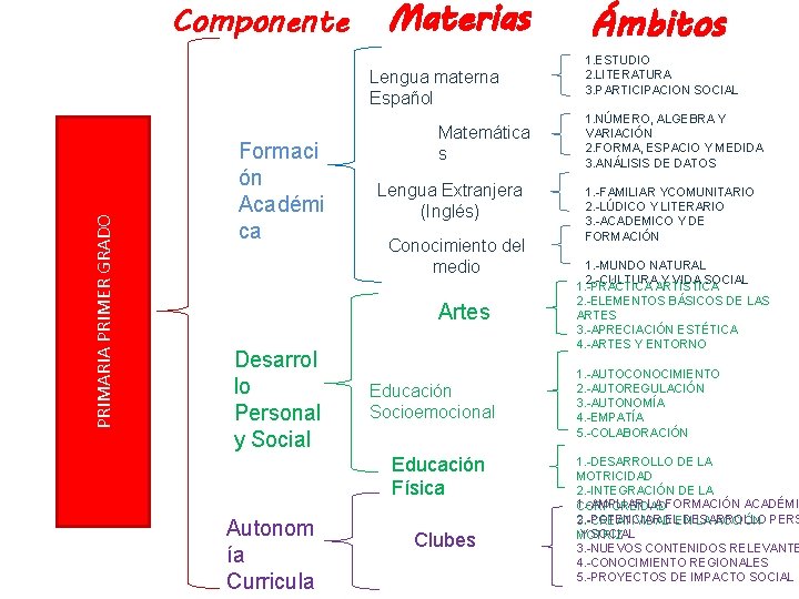 Componente Materias PRIMARIA PRIMER GRADO Lengua materna Español Formaci ón Académi ca Matemática s