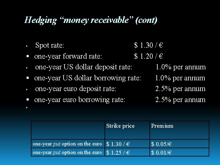 Hedging “money receivable” (cont) Spot rate: $ 1. 30 / € one-year forward rate: