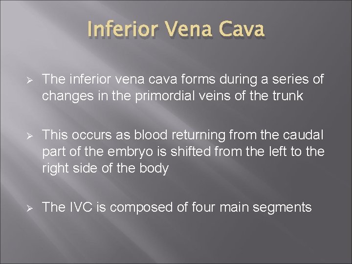 Inferior Vena Cava Ø The inferior vena cava forms during a series of changes