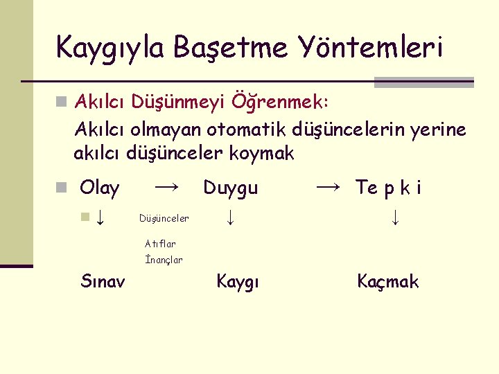 Kaygıyla Başetme Yöntemleri n Akılcı Düşünmeyi Öğrenmek: Akılcı olmayan otomatik düşüncelerin yerine akılcı düşünceler