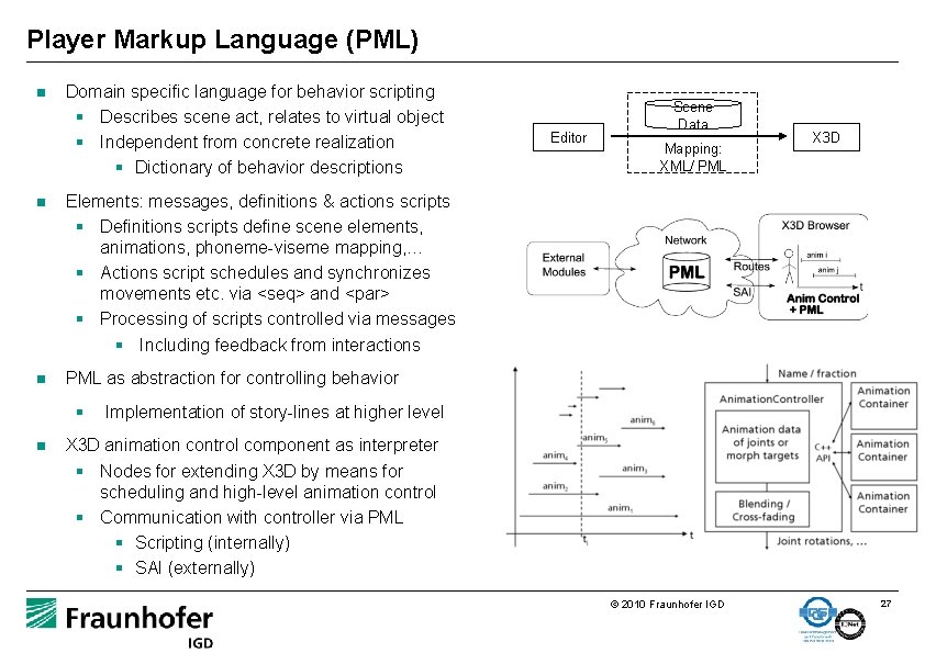 Player Markup Language (PML) n Domain specific language for behavior scripting § Describes scene