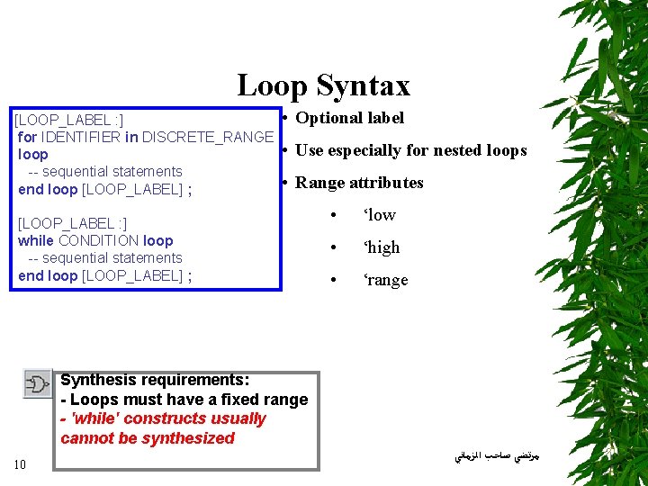 Loop Syntax [LOOP_LABEL : ] for IDENTIFIER in DISCRETE_RANGE loop -- sequential statements end
