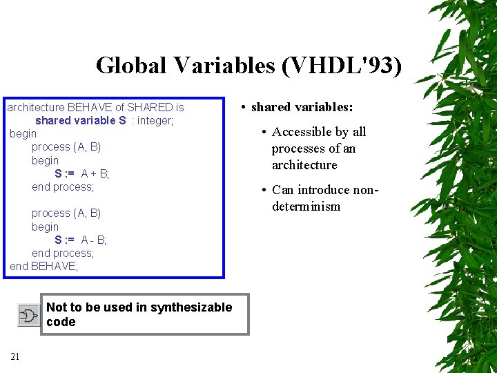 Global Variables (VHDL'93) architecture BEHAVE of SHARED is shared variable S : integer; begin