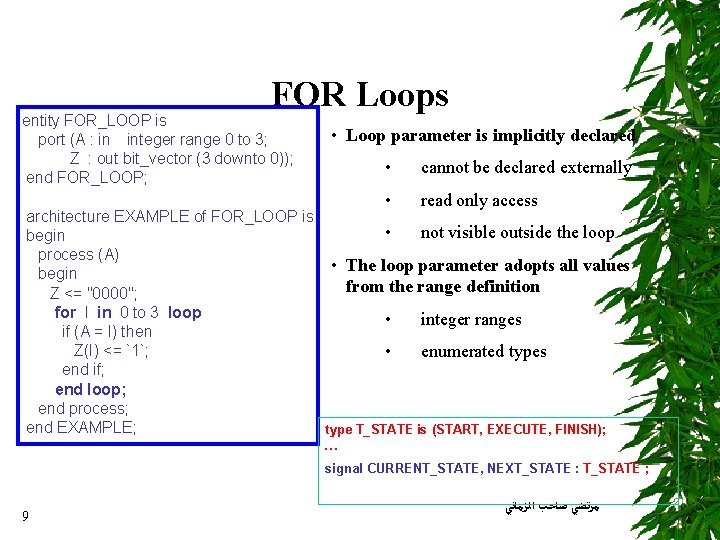 FOR Loops entity FOR_LOOP is port (A : in integer range 0 to 3;