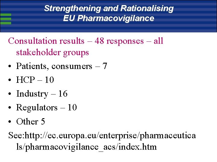 Strengthening and Rationalising EU Pharmacovigilance Consultation results – 48 responses – all stakeholder groups