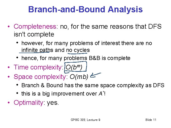 Branch-and-Bound Analysis • Completeness: no, for the same reasons that DFS isn't complete •