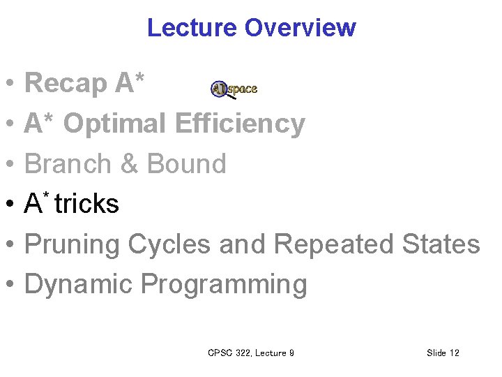 Lecture Overview • • • Recap A* A* Optimal Efficiency Branch & Bound A*