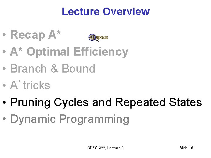 Lecture Overview • • • Recap A* A* Optimal Efficiency Branch & Bound A*