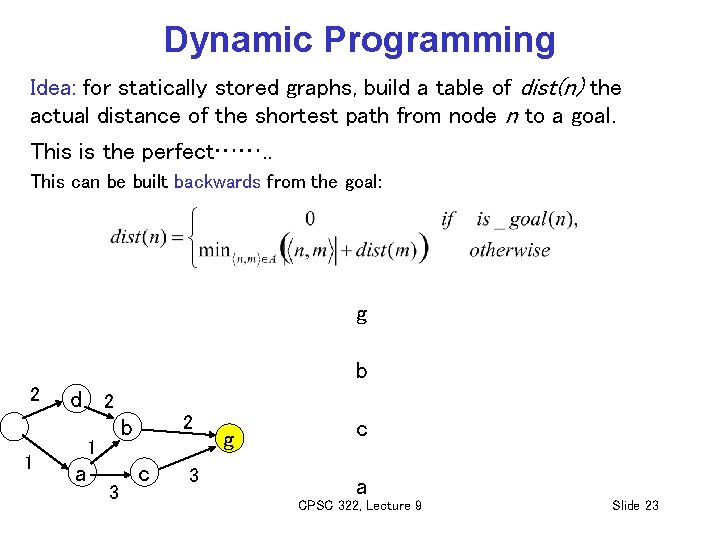 Dynamic Programming Idea: for statically stored graphs, build a table of dist(n) the actual