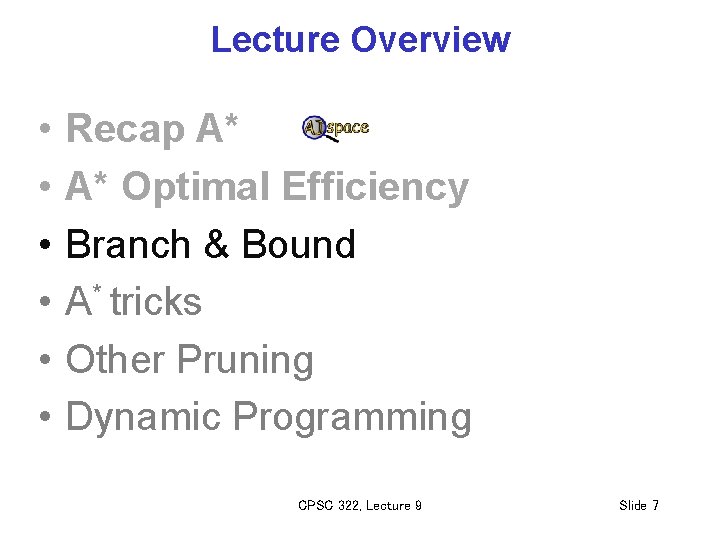 Lecture Overview • • • Recap A* A* Optimal Efficiency Branch & Bound A*