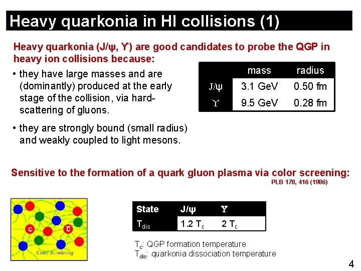 Heavy quarkonia in HI collisions (1) Heavy quarkonia (J/ψ, ϒ) are good candidates to