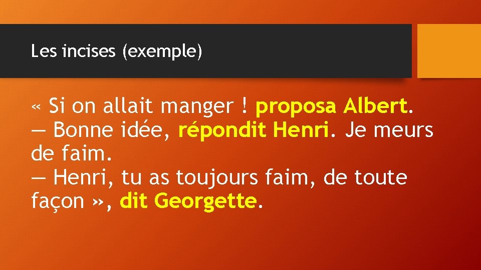 Les incises (exemple) « Si on allait manger ! proposa Albert. — Bonne idée,