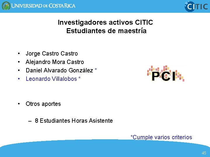 Investigadores activos CITIC Estudiantes de maestría • • Jorge Castro Alejandro Mora Castro Daniel