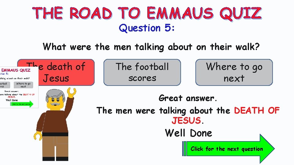 THE ROAD TO EMMAUS QUIZ Question 5: What were the men talking about on