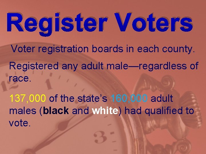 Register Voters Voter registration boards in each county. Registered any adult male—regardless of race.