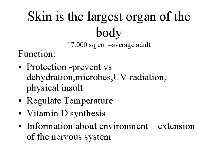 Skin is the largest organ of the body 17, 000 sq cm –average adult