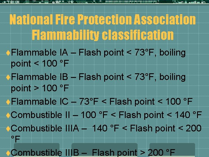 National Fire Protection Association Flammability classification t. Flammable IA – Flash point < 73°F,