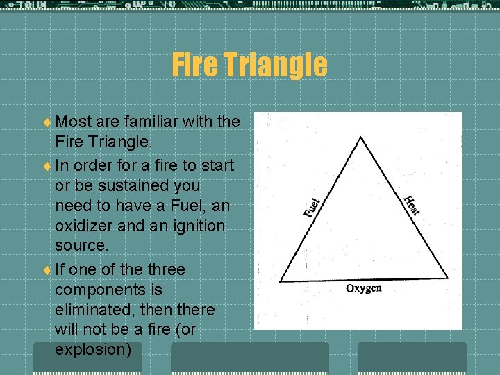 Fire Triangle t Most are familiar with the Fire Triangle. t In order for