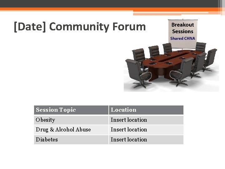 [Date] Community Forum Session Topic Location Obesity Insert location Drug & Alcohol Abuse Insert