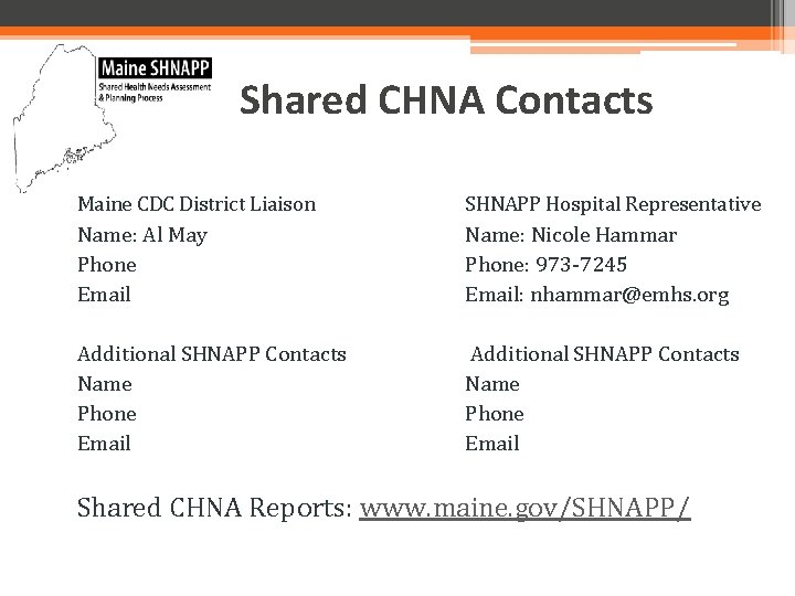 Shared CHNA Contacts Maine CDC District Liaison SHNAPP Hospital Representative Name: Al May Phone