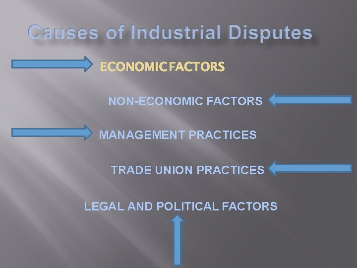 ECONOMIC FACTORS NON-ECONOMIC FACTORS MANAGEMENT PRACTICES TRADE UNION PRACTICES LEGAL AND POLITICAL FACTORS 