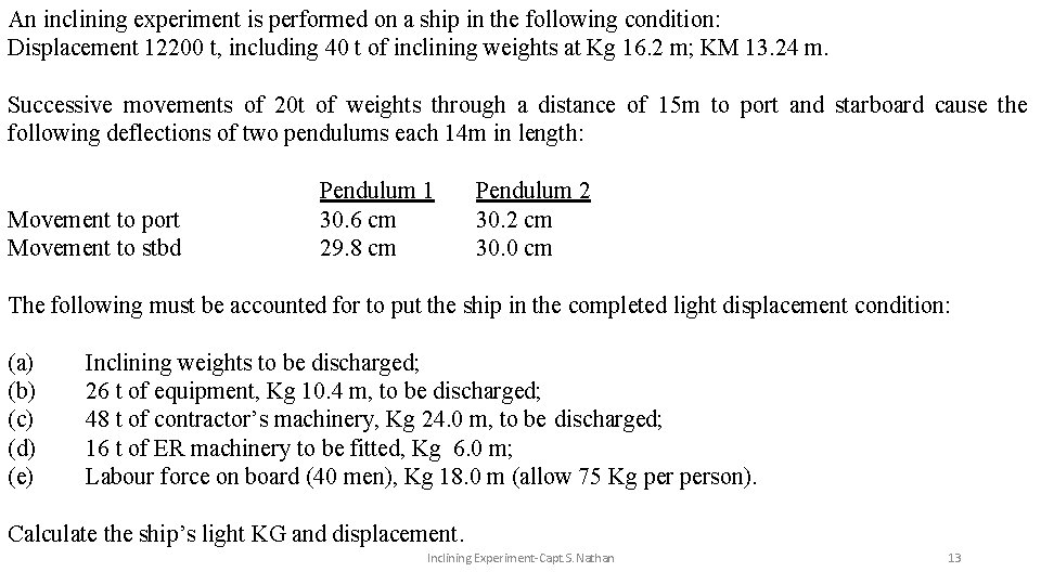 An inclining experiment is performed on a ship in the following condition: Displacement 12200
