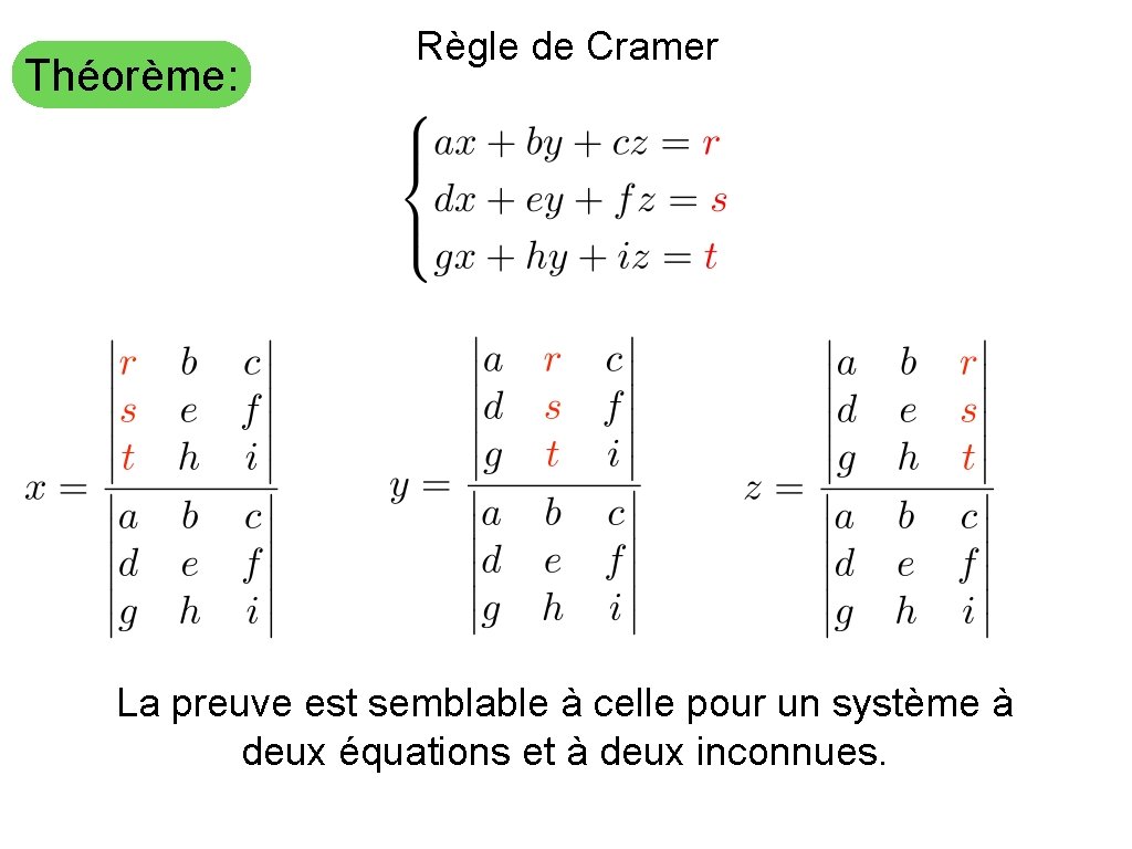 Théorème: Règle de Cramer La preuve est semblable à celle pour un système à