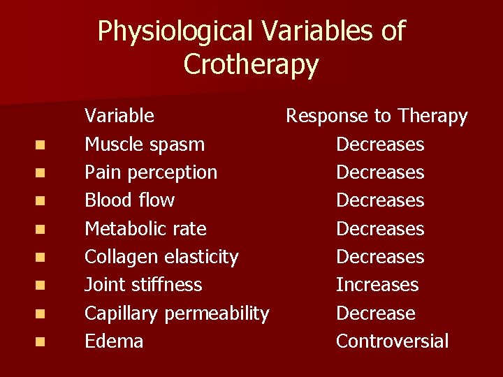 Physiological Variables of Crotherapy n n n n Variable Response to Therapy Muscle spasm